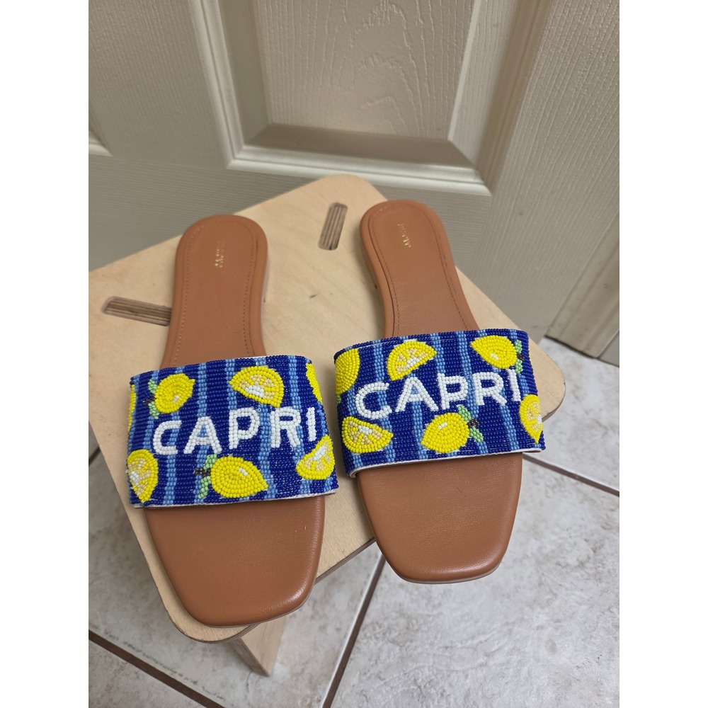 Maeve Capri Beaded Lemon Slide Sandals Blue‎ Gingham Flat Shoes Womens 38